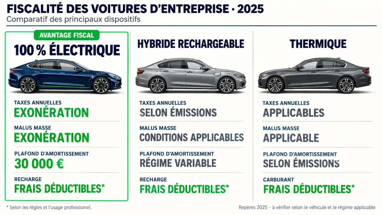 Infographie sur la fiscalité voiture électrique entreprise 2025 comparée à l’hybride rechargeable et au thermique