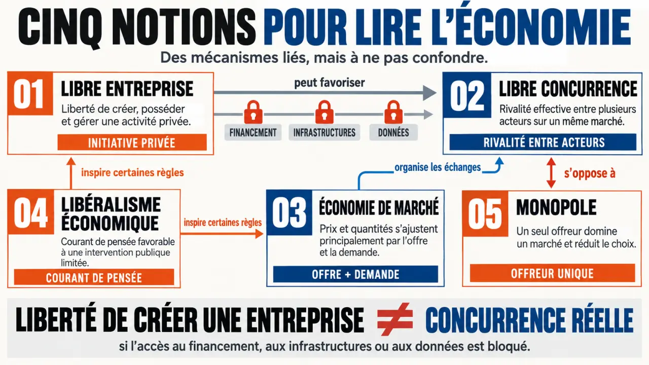 Infographie comparative sur la libre entreprise, la libre concurrence, l'économie de marché et le monopole