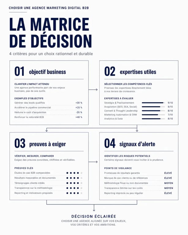 Matrice visuelle pour choisir une agence marketing digital B2B selon l’objectif, les expertises, les preuves et les signaux d’alerte.