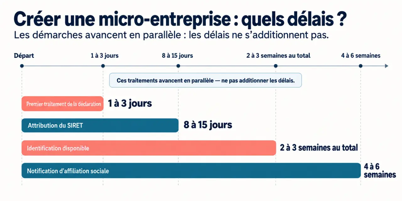 Infographie sur combien de temps pour créer une micro entreprise, du dépôt de la déclaration à l’obtention du SIRET