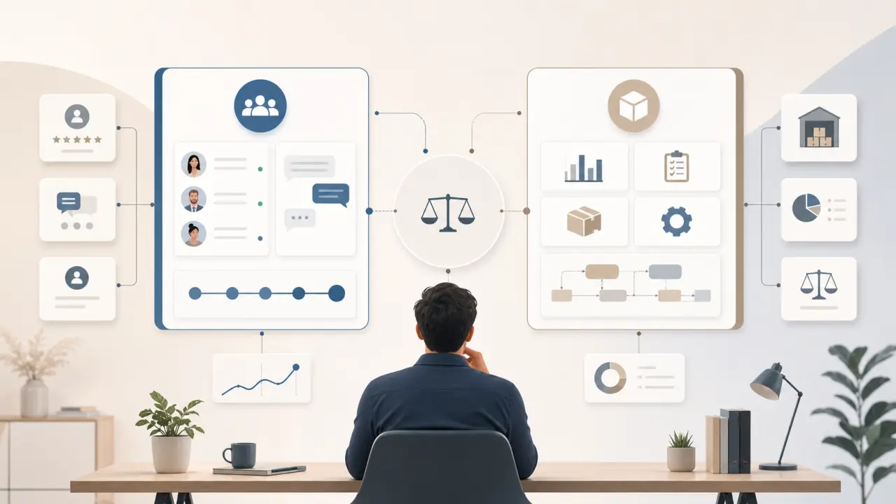 Composition isométrique abstraite de blocs d'entreprise représentant un CRM et un ERP