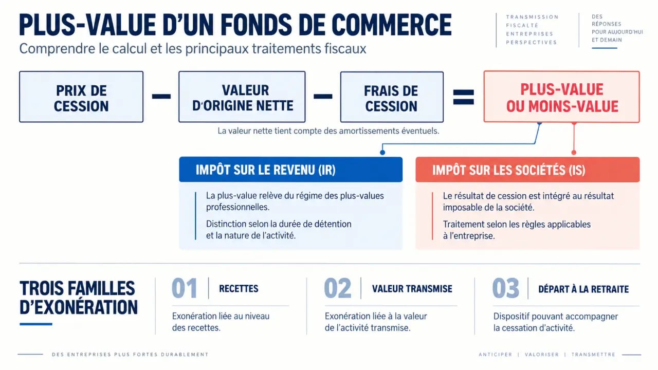 Schéma de calcul de la plus value fond de commerce selon l’IR ou l’IS