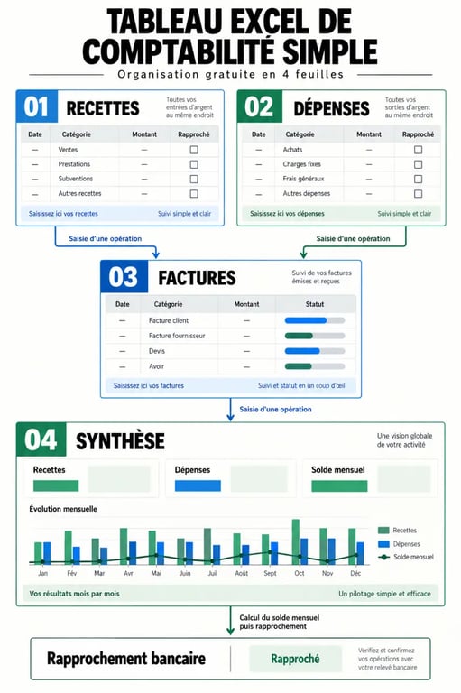 Tableau Excel comptabilité simple gratuit organisé en feuilles Recettes, Dépenses, Factures et Synthèse