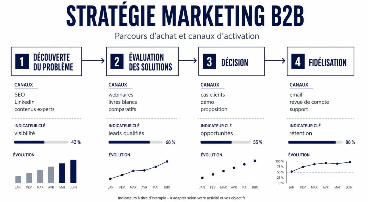 Stratégie marketing btob illustrant le parcours d'achat, les canaux et les indicateurs clés