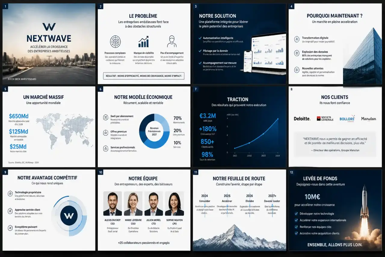 Un pitch deck investor ready repose sur 12 slides qui prouvent votre capacité d’exécution