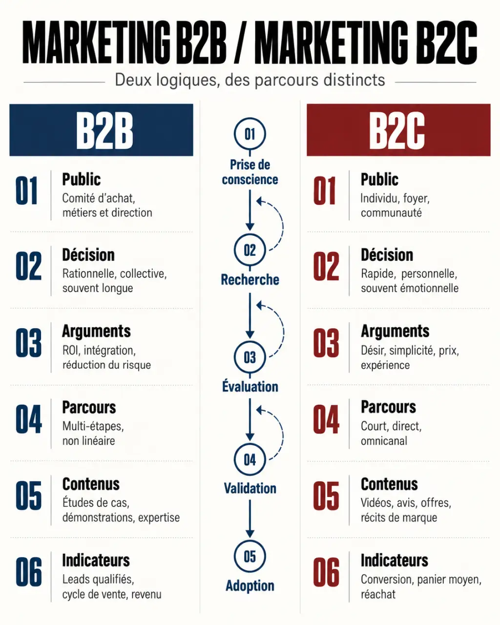 Infographie du marketing B2B comparé au marketing B2C et étapes du parcours d’achat interentreprises
