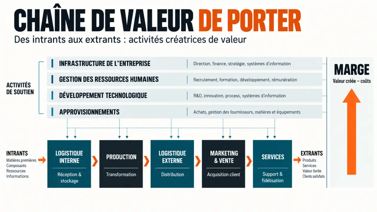 Schéma de la chaîne de valeur de Porter avec activités principales, activités de soutien et marge