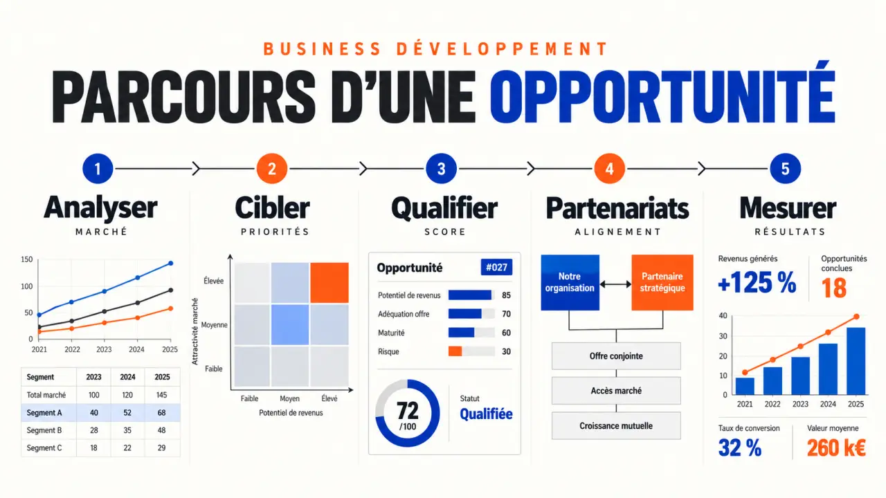 Infographie sur le business développement, ses missions et le parcours d’une opportunité