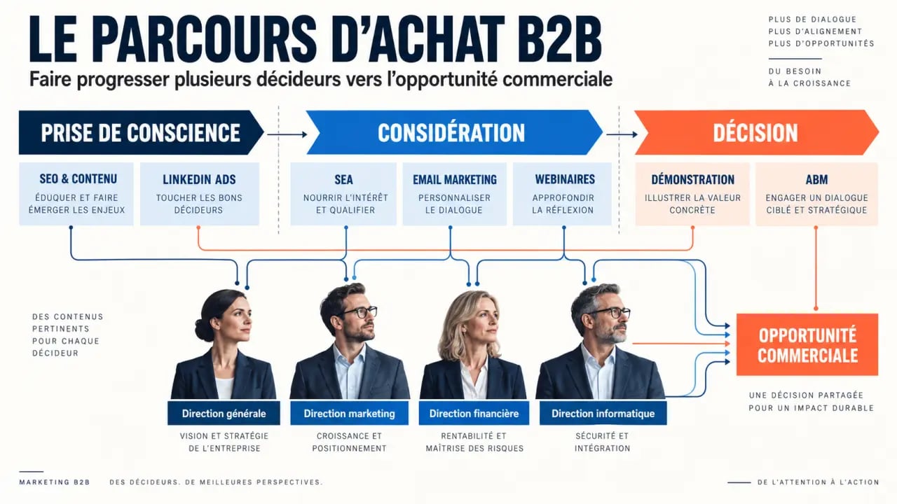 Infographie du parcours de marketing digital B2B et de ses principaux leviers