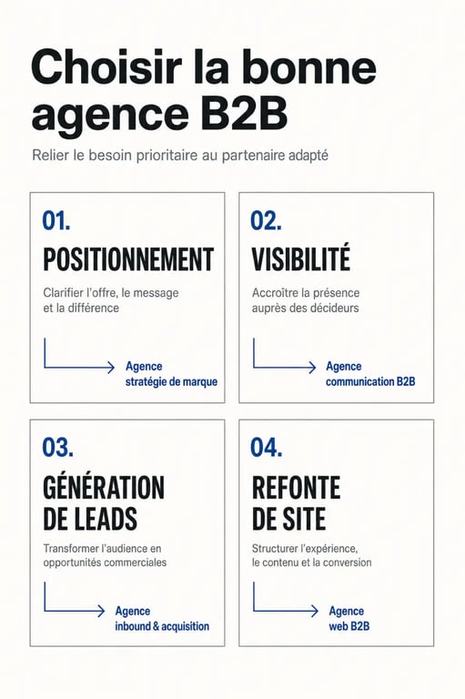 Agence marketing et communication B2B : matrice de choix entre positionnement, visibilité, génération de leads et refonte de site