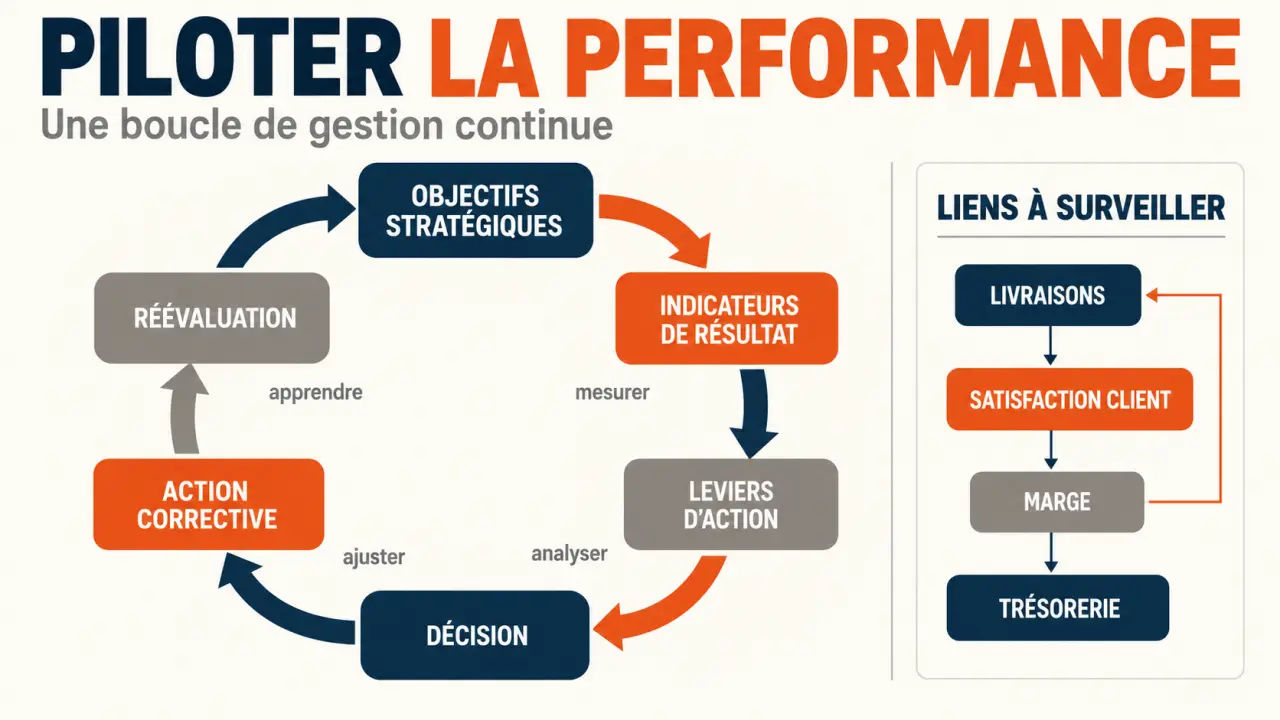 Infographie du pilotage de la performance reliant indicateurs, décisions et actions correctives